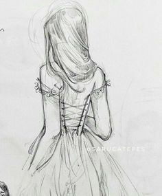 a drawing of a girl in a dress looking at the sky with her back to the camera