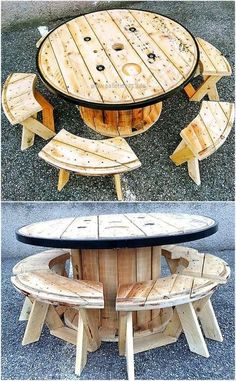 an outdoor table made out of pallets and wooden planks with benches around it