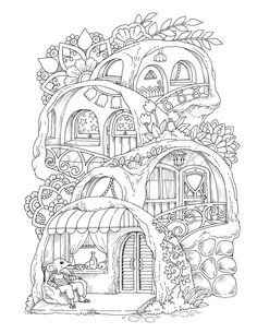 a drawing of a house in the woods with lots of trees and flowers on it