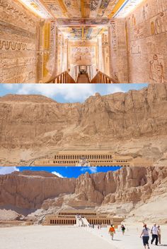 two pictures of the interior of an ancient building with people walking in front of it