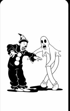 an image of two people dressed as ghost and man in black and white, one pointing at the other