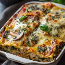 a casserole dish with mushrooms, cheese and spinach on top is shown