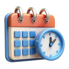 a blue and white clock sitting on top of a calendar