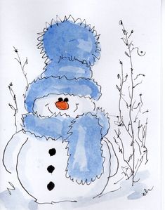 a drawing of a snowman with a blue hat and scarf on it's head