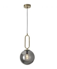 a light fixture with a metal ball hanging from it's end and an oval glass shade