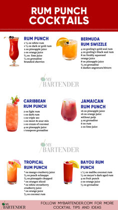 Rum Punch Cocktails Bartender Drinks Recipes, Caribbean Vibes, Rum Punch Recipes, Punch Cocktails, Rum Cocktail Recipes, Summer Drinks Alcohol, Cocktail Drinks Alcoholic