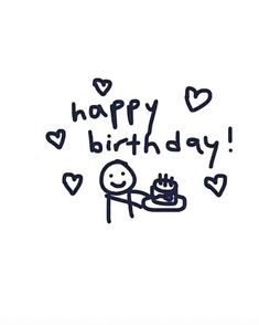 a drawing of a person holding a cake with the words happy birthday on it