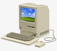 an old computer with a keyboard, mouse and monitor on the white background is shown