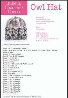 the owl hat pattern is shown on an iphone screen, and it's instructions are displayed