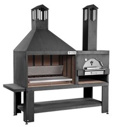 an outdoor pizza oven with two burners on each side and one door open to the outside