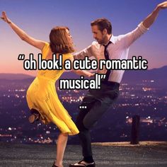 a man and woman dancing together with the caption oh look a cute romantic musical