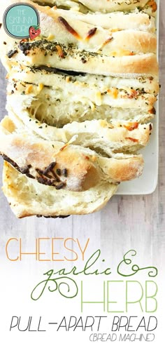 cheesy garlic and herb pull apart bread on a white plate with text overlay