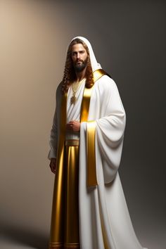 a man dressed in white and gold with long hair, wearing a large robe that is draped over his shoulders