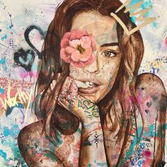 a painting of a woman with tattoos and a flower in her hair, holding her hand to her face