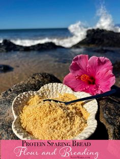 a pink flower sitting on top of a white plate next to the ocean with text overlay that reads protein spaking bread flour and baking