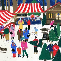 a painting of people walking around in the snow near tents and trees with red and white striped awnings