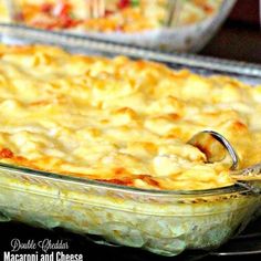 a casserole dish filled with macaroni and cheese