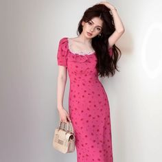 Olivia Mark - Rose Garden Dual-Color Lace Floral Print Dress Raspberry Powder, Bodycon Maxi Dresses, Long Sleeve Print Dress, Home Dress, Rose Garden, Types Of Skirts, Corset Dress, Collar Dress, Olivia Mark