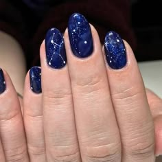 Nail Art Designs Moon And Stars, Galaxy Mood Board Fashion, Blue Space Nails, Astronomy Nails, Dark Blue Nails With Design, Night Sky Nails, Starry Night Nails, Navy Nail Art