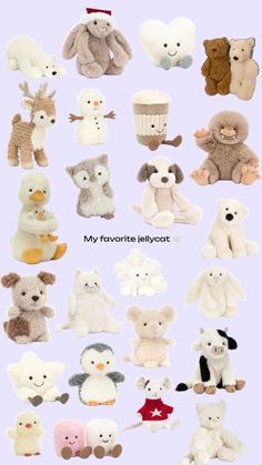 many different types of stuffed animals are shown in this image with the words, my favorite jellycoat