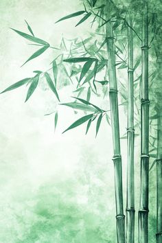 an artistic painting of bamboo trees against a green background