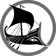 an ancient sailing ship in a circle with greek ornames around it royalty illustration