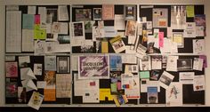 a bulletin board covered in papers and pictures