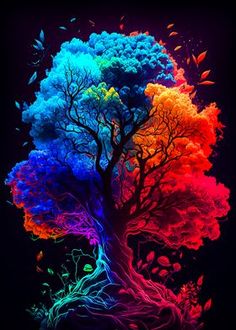 a colorful tree with lots of leaves on it's trunk and branches in the shape of a rainbow