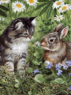 a painting of two kittens and a bunny in the grass with daisies behind them