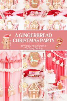 a gingerbread christmas party with pink and gold decorations