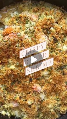 a close up of food in a pan with words on the side that read crispy bad shrimp