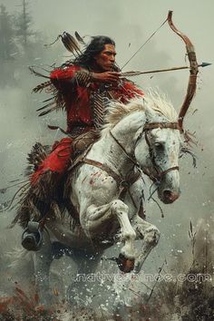 a native american man riding on the back of a white horse with an arrow in his hand