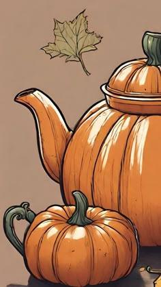 an orange teapot and two pumpkins on a table