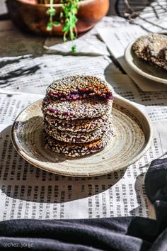 a stack of cookies sitting on top of a plate next to a potted plant