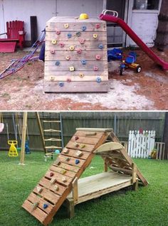 two pictures one with a slide and the other with a climbing wall made out of wooden pallets