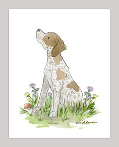 a drawing of a dog sitting in the grass with flowers around it's neck