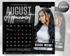 August Appointment available: Are you looking for a way to promote your August bookings? Look no further - this beautiful August Appointment Flyer is the perfect way to get started! This stylish digital download will let your customers know all about the upcoming services and events that you are offering in August. flyer,august,hair flyer,lash flyer,new arrivals flyer,hairstylist flyer,booking flyer,social media flyer,wig install flyer,book now flyer,appointment flyer,wig flyer,flyer template Fo Bookings Available Spa, Hairstylist Flyer Ideas, Availability For Appointments, Calendar Flyer, Arbonne Marketing, Bookings Available, Lash Flyer, Booking Flyer, August Calendar