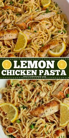 lemon chicken pasta in a white bowl with the words lemon chicken pasta on top and bottom