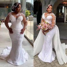 two women in wedding gowns, one wearing a long sleeved dress and the other with