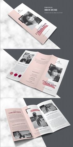 three fold brochure with pink and white designs