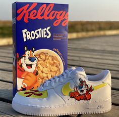 All designs are available upon request on our website from clicking the Pin URL. Kellogs Cereal, Custom Air Force Ones, Tony The Tiger, Custom Air Force 1, Daily Vitamins, Custom Vans, Air Force Ones, The Tiger, Saucony Sneaker