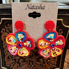 Beaded Flower Dangle Earrings By Natasha New With Tag Super Cute & Lightweight Mixed Beads Of Multiple Colors With Blue Faceted Rhinestone In Center Felt Back Post Closure 2.5” Long Dangle 2” Wide Red Beaded Flower Shaped Jewelry, Adjustable Red Flower Beaded Earrings, Handmade Red Flower Earrings For Party, Festive Red Flower Earrings, Flower Shaped Earrings With Colorful Beads For Party, Flower-shaped Earrings With Colorful Beads For Party, Red Drop Flower Earrings For Festive Occasions, Colorful Beaded Flower Earrings For Party, Beaded Flower Earrings For Summer