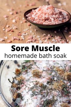 Collage of Himalayan salts and homemade bath salts with dried herbs. Muscle Bath Soak, Sore Muscles Bath Soak, Herbal Bath Recipes, Bath Salts Diy Recipes, Bath Tea Recipe, Diy Bath Soak, Bath Soak Recipe, Sore Muscle