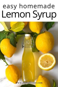 lemon syrup in a glass bottle surrounded by lemons and green leaves with text overlay