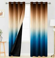 the curtains in this room are made from different shades of blue, brown and white