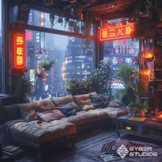 a living room filled with lots of furniture and neon signs on the windows sill