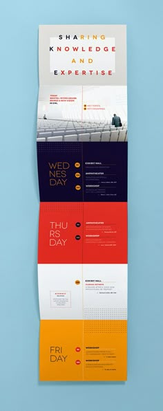 the front and back side of a brochure on a blue background with an orange, yellow, red, and black color scheme