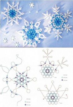 three different snowflakes are shown in the same image and one is blue with white dots