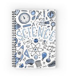 a spiral notebook with the words science written in blue and white surrounded by doodles