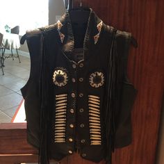 Like New, Black Leather Vest With Fringe And Beaded, Well Made. Edgy Black Festival Vest, Fringe Leather Vest, Black Leather Outerwear With Fringe, Black Leather Fringe Outerwear, Suede Fringe Vest, Black Leather Vest, Black Vest, Leather Vest, Black Bird